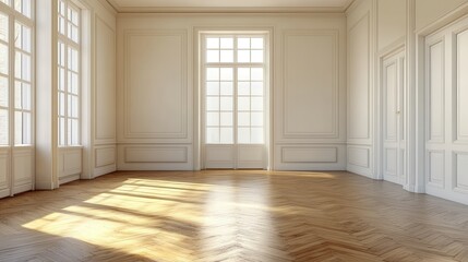 Empty room with wooden floor and sunlight. This photo is perfect for showcasing furniture, decor, or products in a clean and elegant setting.