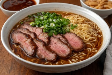 Japanese ramen bowl with tender slices of seared beef scallions and a rich soy based broth served in a traditional ceramic bowl with intricate textures