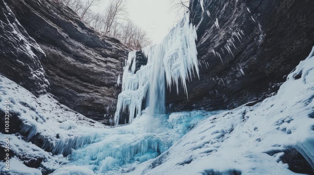 Poster a surreal perspective of a frozen waterfall cascading down a cliff face in a winter wonderland, froz