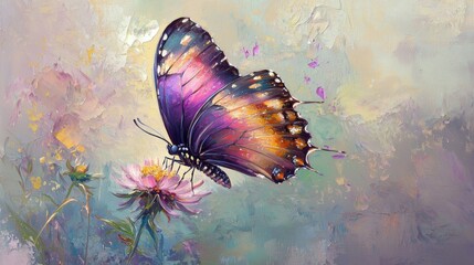 Obraz premium stunning art painting of a butterfly in mid-flight, its wings a brilliant array of colors including deep blues, bright yellows, and soft pinks, with each color blending
