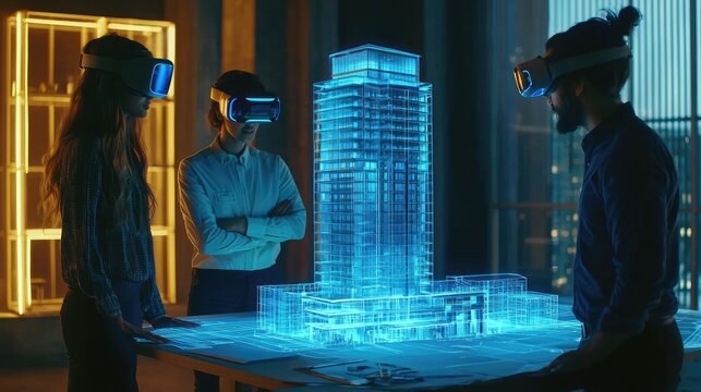 A 3D hologram of a high-rise building is being designed by three people wearing AR headsets, standing around a table with blueprints 