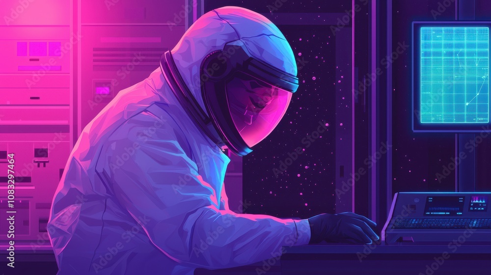 Poster astronaut working on control interface space station digital art sci-fi environment close-up view te
