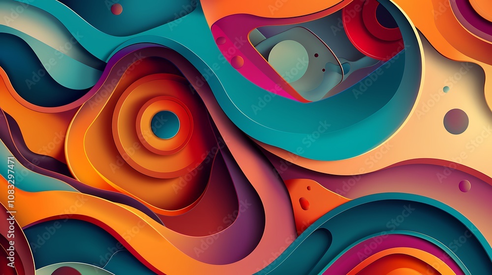 Poster abstract colorful paper cut design with vibrant colors and a dynamic composition.