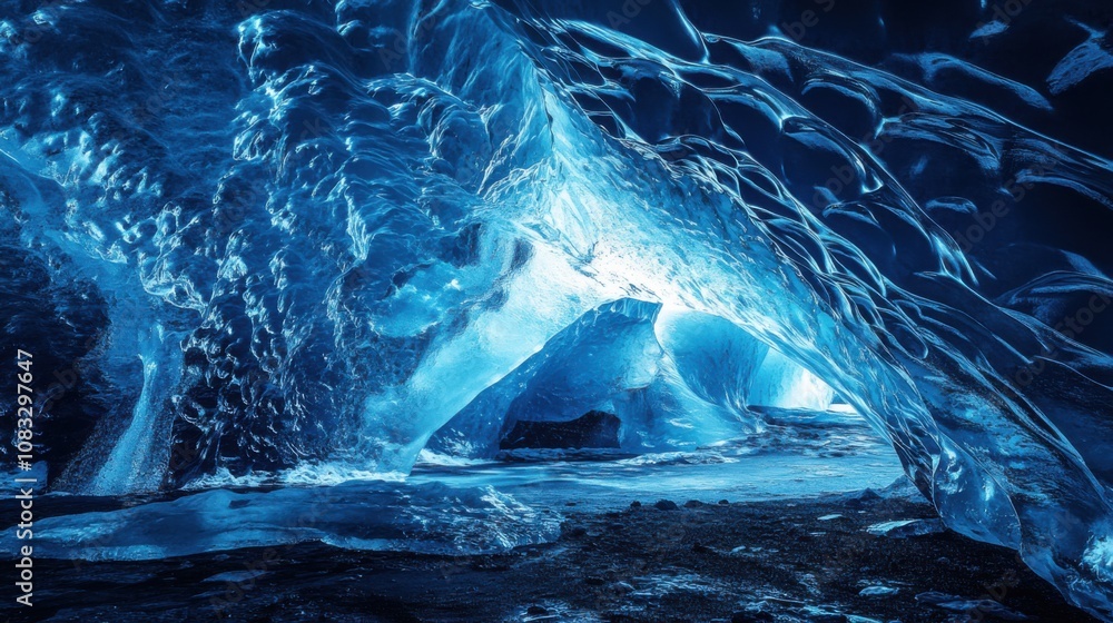 Poster a surreal perspective of a massive ice cave illuminated by the ethereal glow of arctic midnight, arc