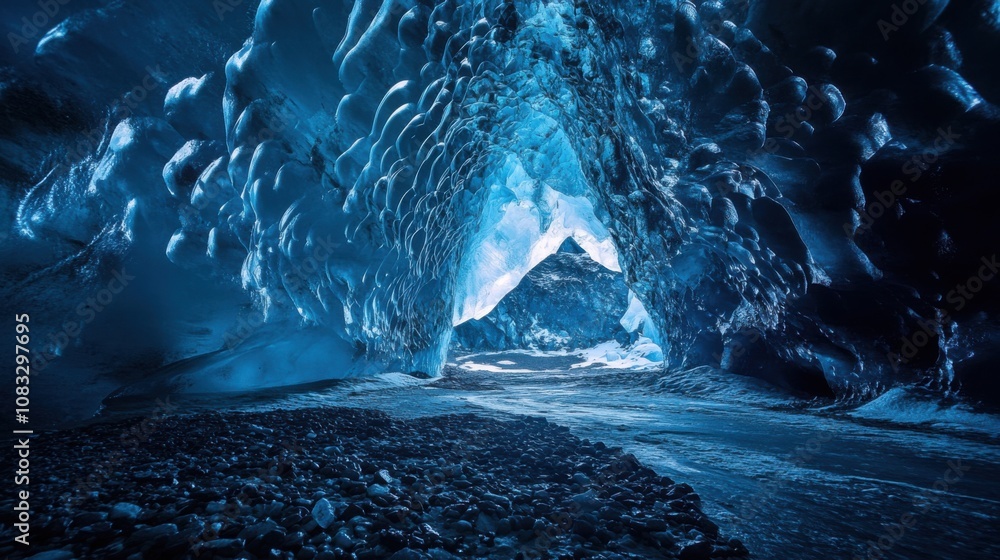 Poster a surreal perspective of a massive ice cave illuminated by the ethereal glow of arctic midnight, arc
