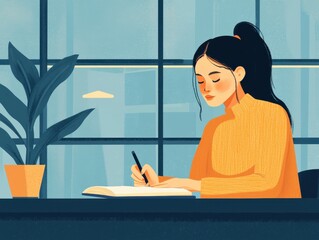 Writing session home office digital illustration cozy environment close-up perspective