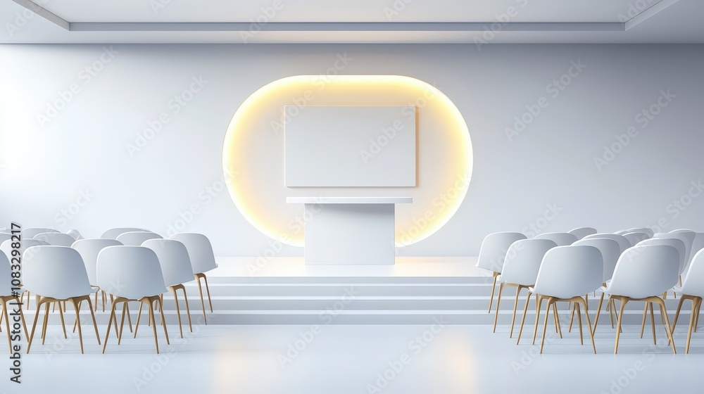 Poster detailed 3d render of a conference room prepared for an event, featuring rows of chairs and tables a