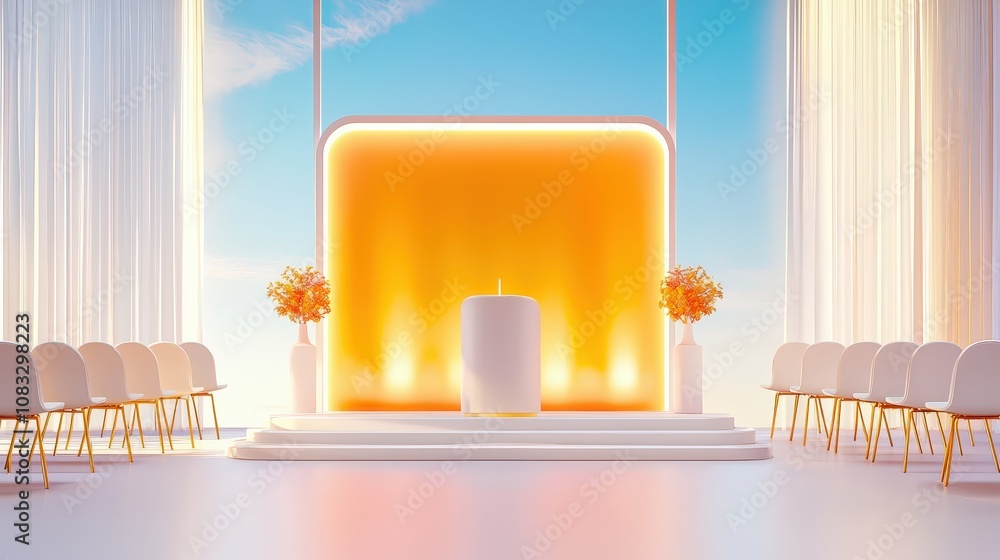 Poster detailed 3d render of a conference room prepared for an event, featuring rows of chairs and tables a