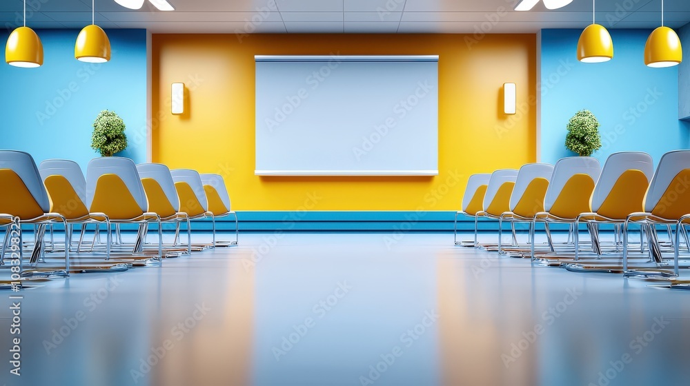 Poster detailed 3d render of a conference room prepared for an event, featuring rows of chairs and tables a