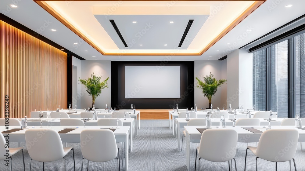 Poster Detailed 3D render of a conference room prepared for an event, featuring rows of chairs and tables arranged in front of a presentation stage in a modern setting.