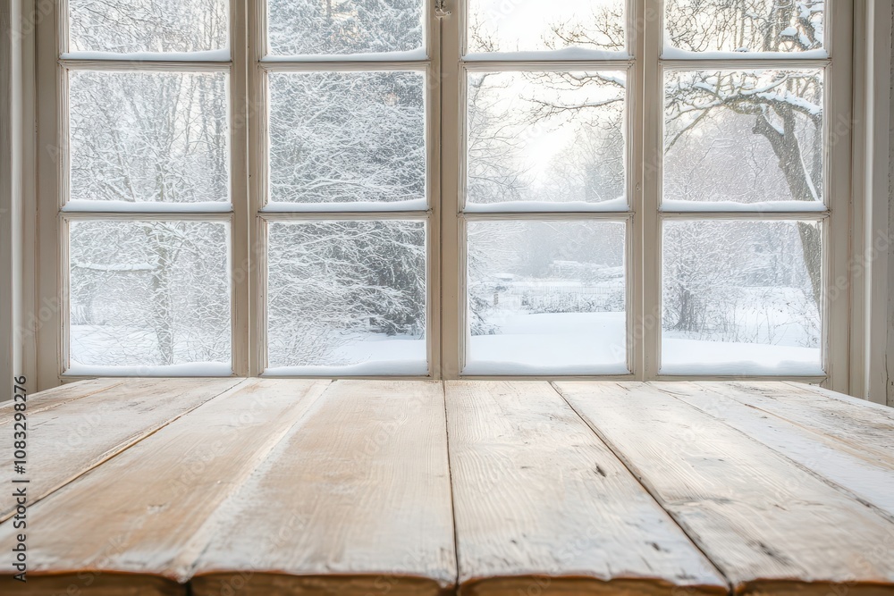 Poster wooden table with snow-covered winter view. perfect for adding your own products or text.