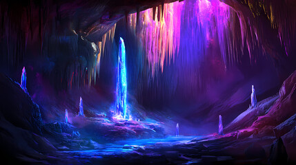 Obraz premium Color photo of an extraordinary subterranean wonder, a mystical cave veiled in an ethereal glow, its walls adorned with glistening stalactites and shimmering pools,. Subterranean. Illustration