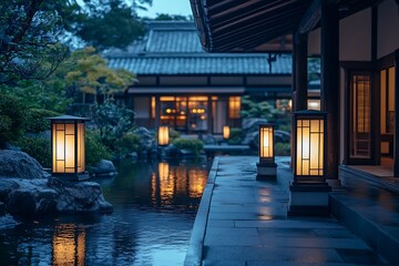 Fototapeta premium A serene evening scene featuring lanterns by a tranquil pond and traditional architecture.