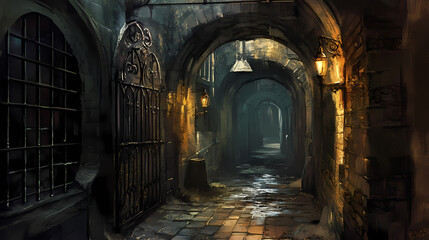 Naklejka premium Dimly lit, worn stone walls and rusty iron latticework line the narrow, atmospheric passageway of a historic parisian sewer tunnel, evoking a sense of mystery. Subterranean. Illustration