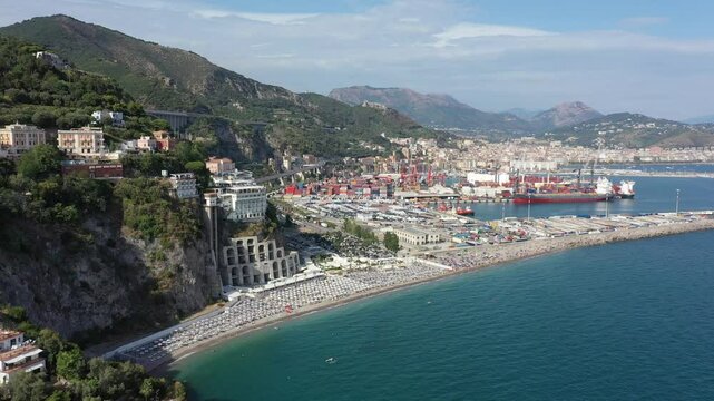 Aerial view of the sea, promenade and central part of the town of Vietri sul Mare on a sunny summer day, Raite, Salerno, Italy