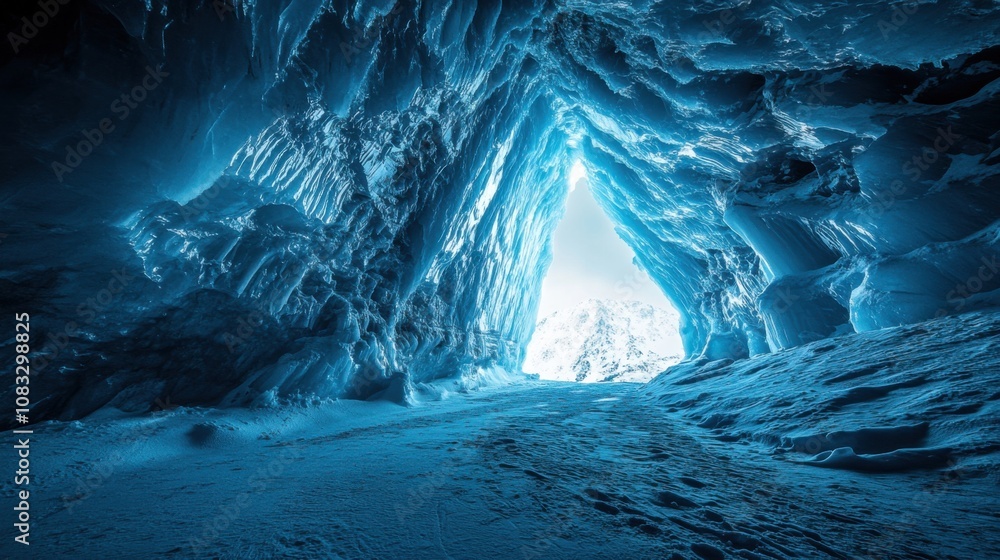 Poster a surreal perspective of a towering ice cave bathed in the ethereal glow of arctic twilight, arctic 