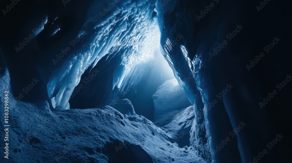 Poster a surreal perspective of a towering ice cave bathed in the ethereal glow of arctic twilight, arctic 