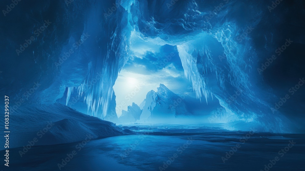 Poster a surreal perspective of a towering ice cave illuminated by the ethereal glow of arctic twilight, ar