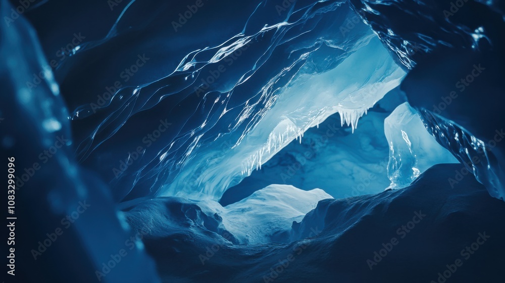 Poster a surreal perspective of a towering ice cave illuminated by the ethereal glow of arctic twilight, ar
