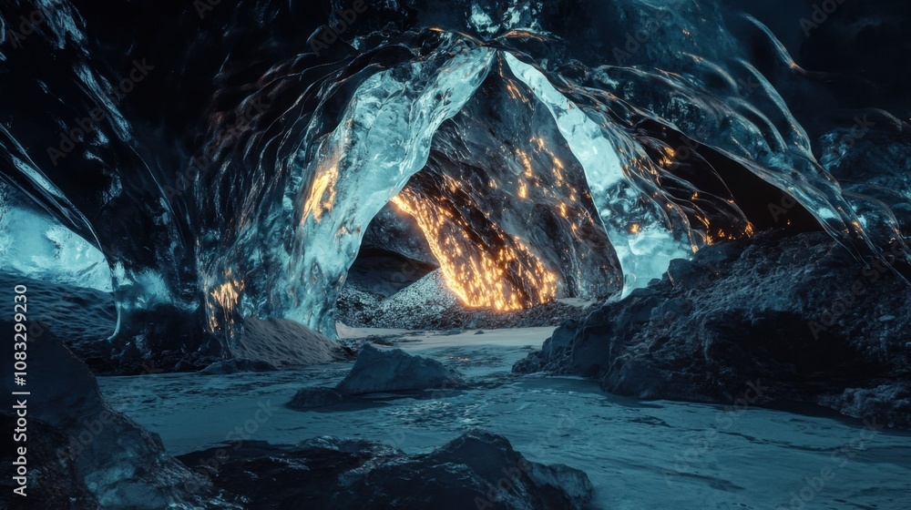 Poster a surreal perspective of a towering ice cave illuminated by the soft glow of antarctic twilight, ant