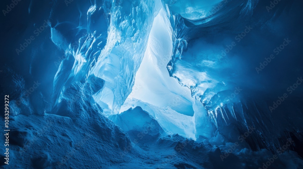 Poster a surreal perspective of a towering ice cave illuminated by the soft glow of antarctic twilight, ant