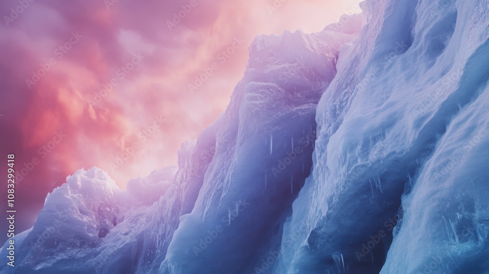 Poster a surreal perspective of a towering ice cliff illuminated by the soft glow of the antarctic midnight