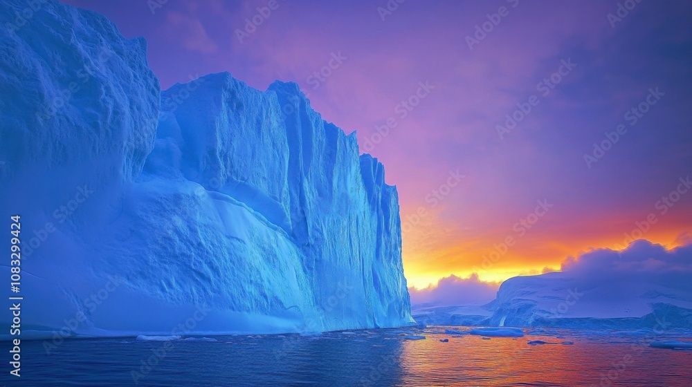 Poster a surreal perspective of a towering ice cliff illuminated by the soft glow of the antarctic midnight