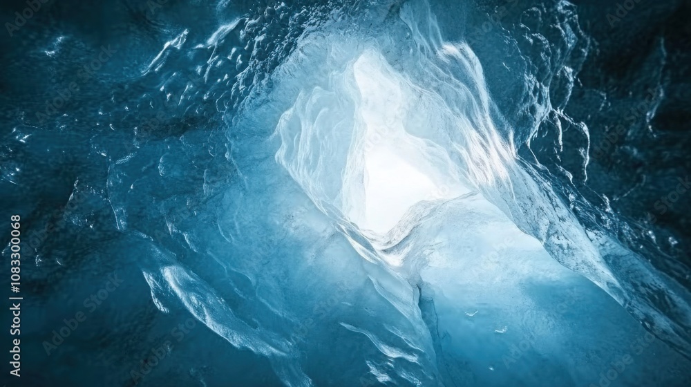 Poster a surreal perspective of an ice cave illuminated by natural light filtering through glacier walls, i