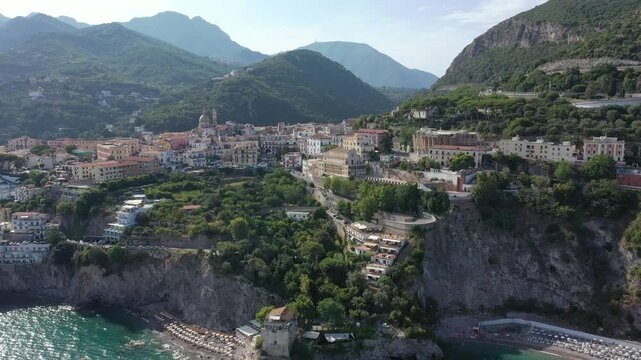 Aerial view of the sea, promenade and central part of the town of Vietri sul Mare on a sunny summer day, Raite, Salerno, Italy