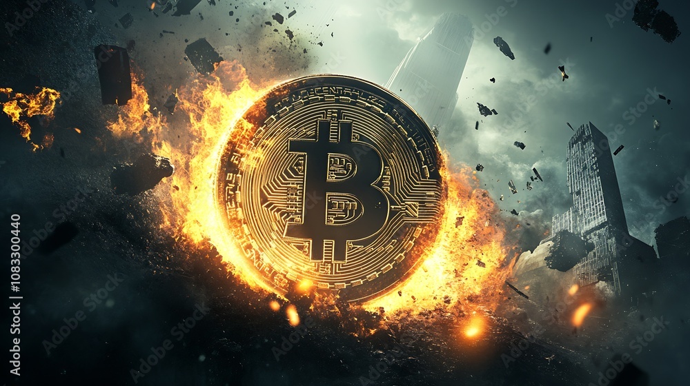 Poster Digital Bitcoin Concept with Exploding Blockchain Symbol in Futuristic Cityscape : Generative AI