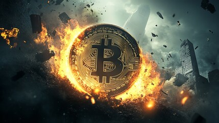 Digital Bitcoin Concept with Exploding Blockchain Symbol in Futuristic Cityscape : Generative AI