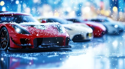 A row of sleek sports cars covered in fresh snow, with a city skyline in the background.