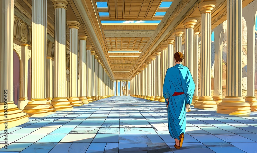 Poster a figure walks through a grand, ancient architectural corridor with columns and light.