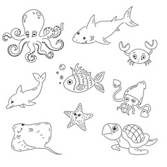 sea creatures drawn with black pen, octopus, shark, dolphin, crab, fish, squid, starfish, stingray, turtle set