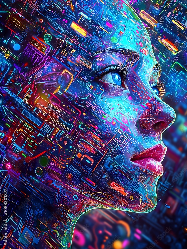 Poster futuristic colorful digital human face design with neon circuitry : generative ai
