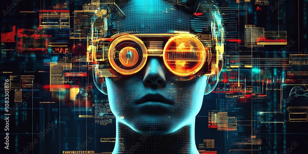 Poster innovative cyberspace design featuring advanced virtual reality goggles : generative ai