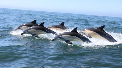A group of dolphins swimming together in the ocean, showcasing their playful nature.