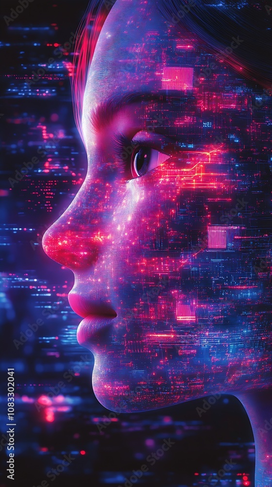 Leinwandbilder artificial intelligence woman with cybernetic glow and digital pattern : generative ai