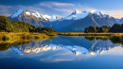 Fototapeta premium A surreal sight of the Mirror Lakes reflecting the snow-capped peaks of the Southern Alps in New Zealand at sunrise, Mirror Lakes scene, Reflective style