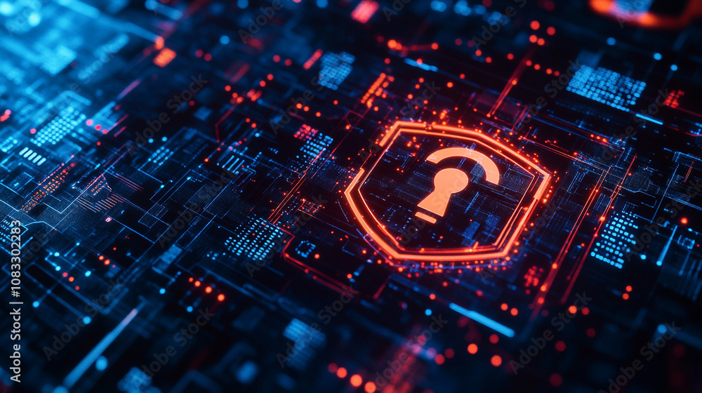 Poster exploring digital security concepts with abstract technology visuals and a lock symbol