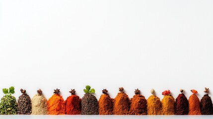 Fototapeta premium Colorful cooking spices display kitchen food photography minimalist top-down culinary art