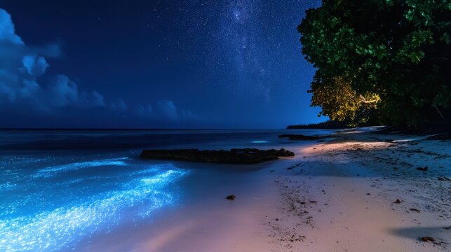 A surreal view of the bioluminescent algae lighting up the coastline of Vaadhoo Island, Maldives, Coastal scene