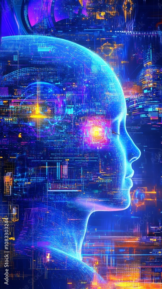 Leinwandbilder neural network inspired digital female profile with ai and technological elements : generative ai