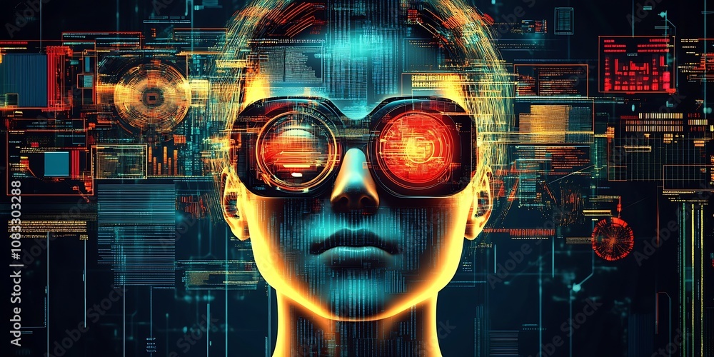Aufkleber Digital Innovation with Neon Goggles in a Cybernetic Environment : Generative AI