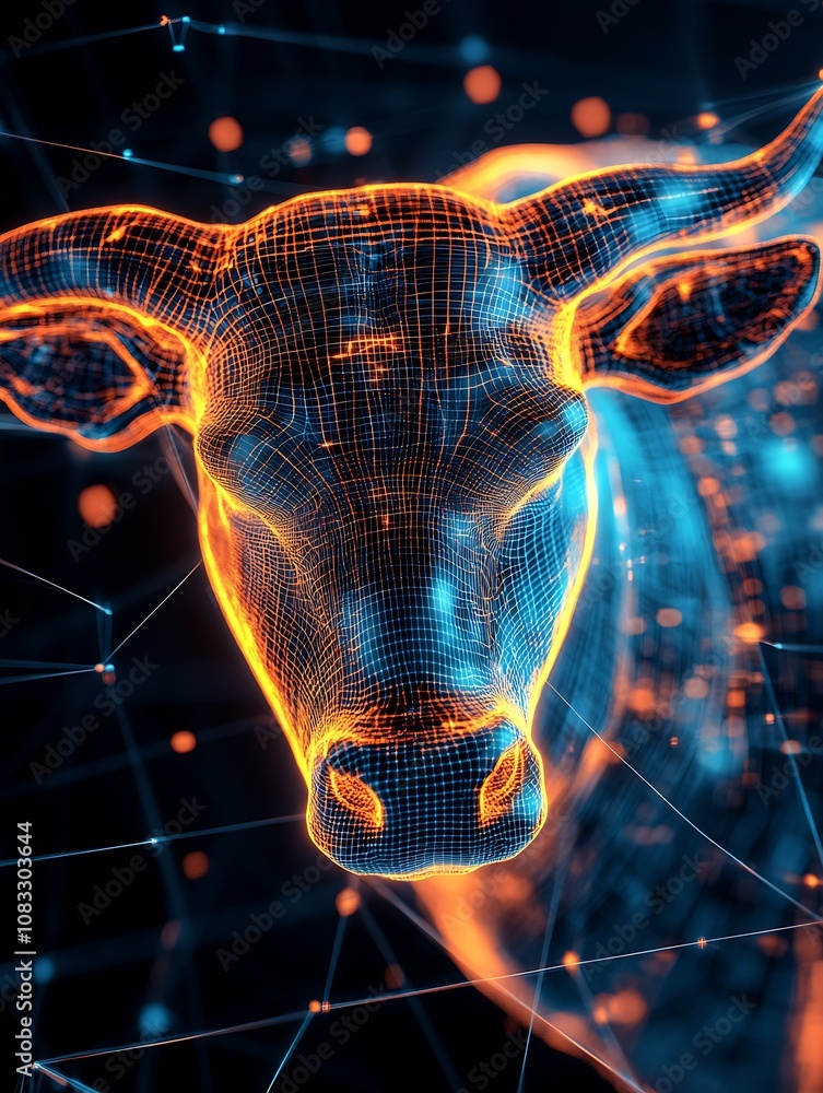 Poster abstract futuristic 3d render of cow with neon blue and orange electric network vibes : generative a