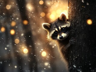 Curious raccoon peering from tree at sunset.