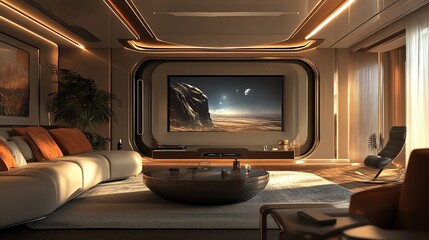 Modern living room with sci-fi view.