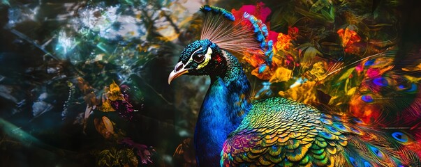 Vibrant peacock displaying its colorful feathers.