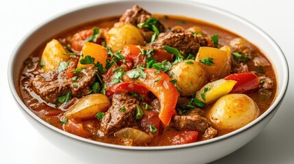 Hearty Beef Stew in a White Bowl with Fresh Vegetables
