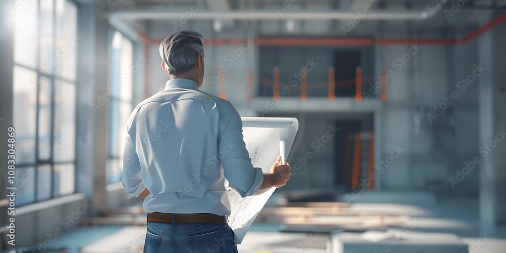 Poster senior architect examining structural plans in industrial building : generative ai
